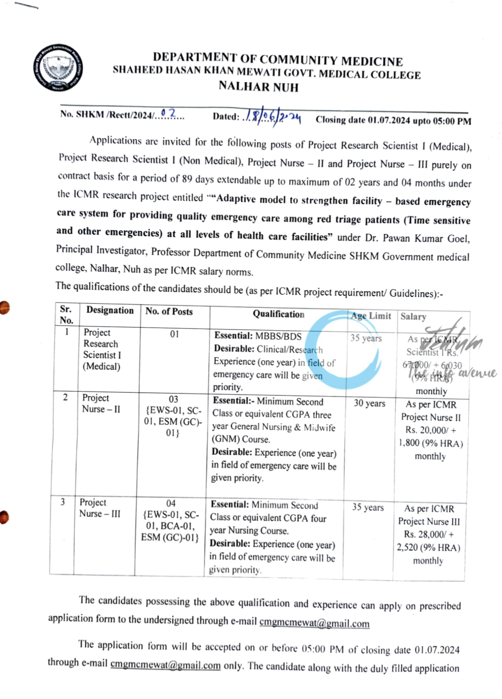 GOVT MEDICAL COLLEGE NALHAR NUH DEPTT OF COMMUNITY MEDICINE ADVERTISEMENT NOTICE 2024