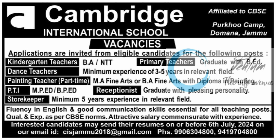 Cambridge International School Jammu Jobs 2024