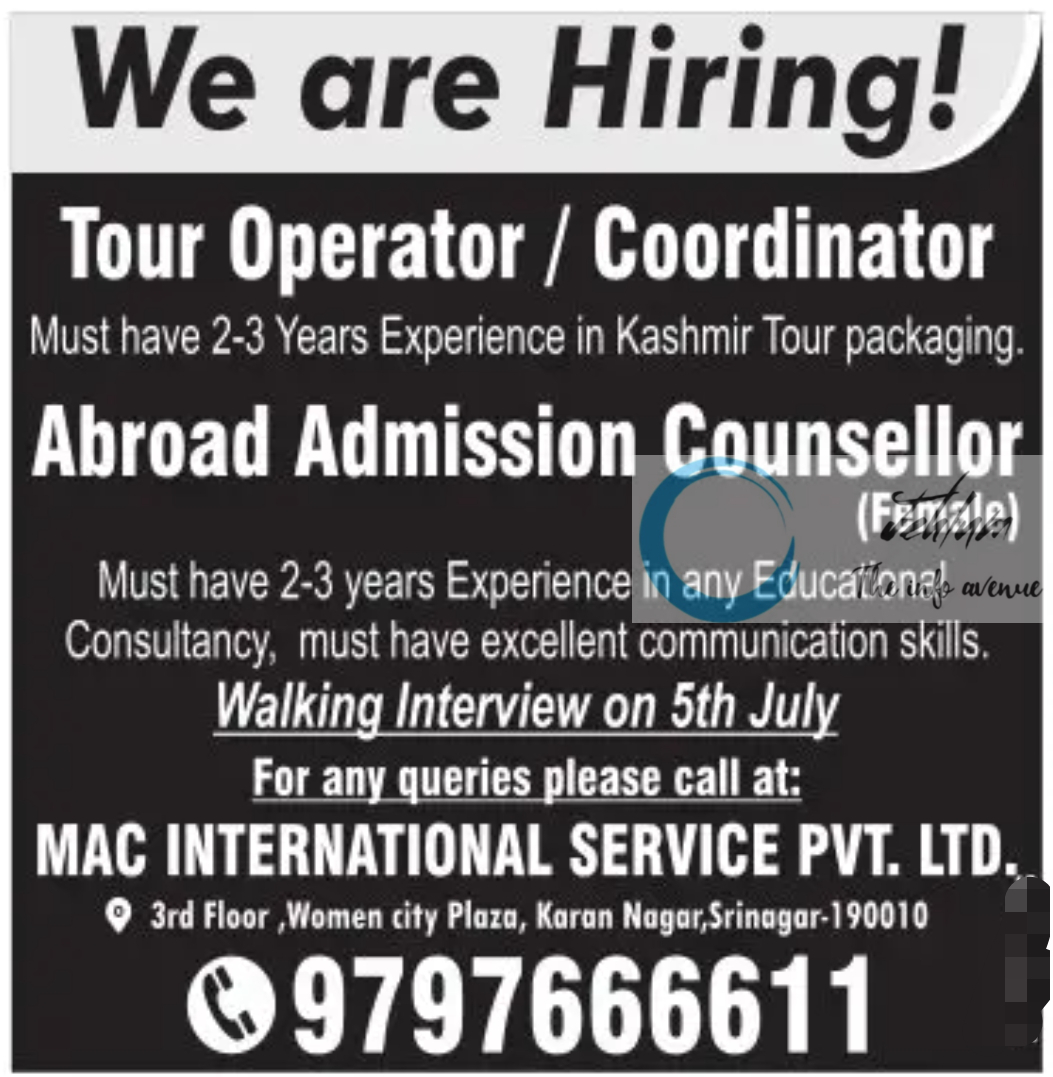 Mac International Service Srinagar Tour Operator Jobs 2024