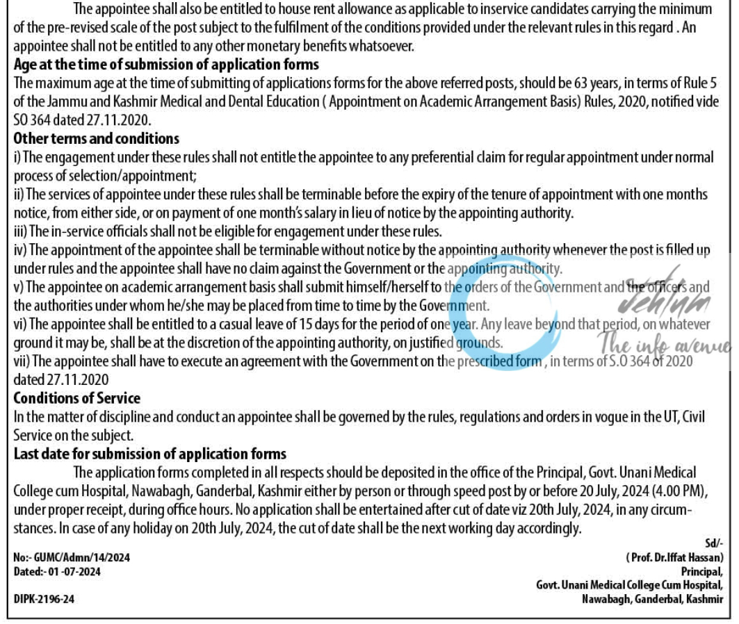 Govt Unani Medical College Kashmir Academic Arrangement Advertisement Notice No 01 of 2024