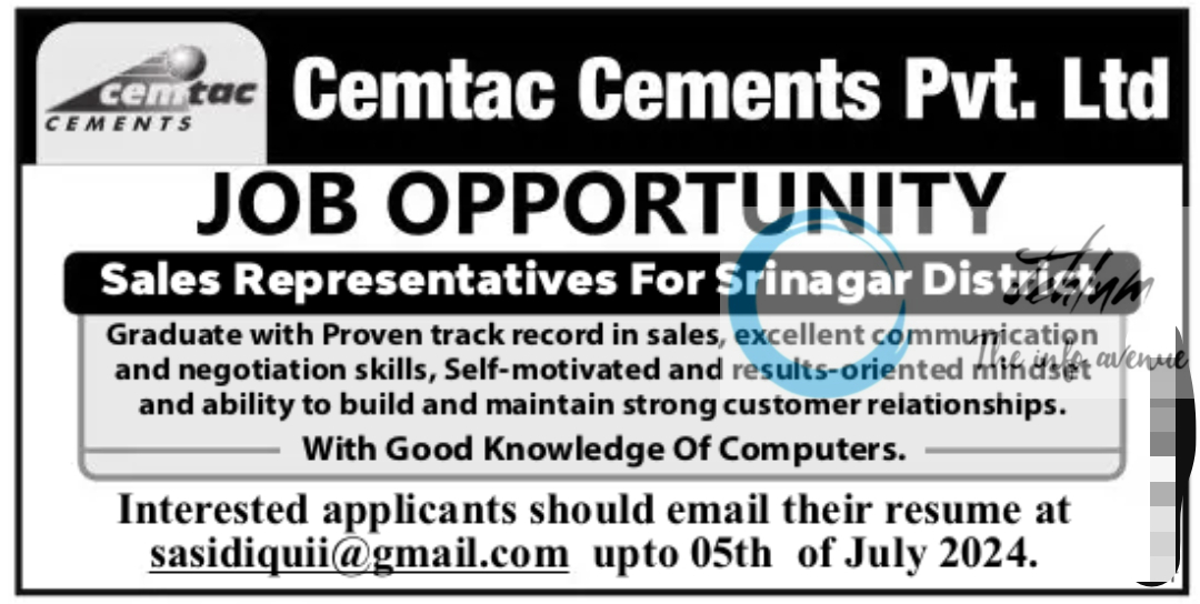 Cemtac Cements Pvt Ltd Srinagar Job Opportunity 2024