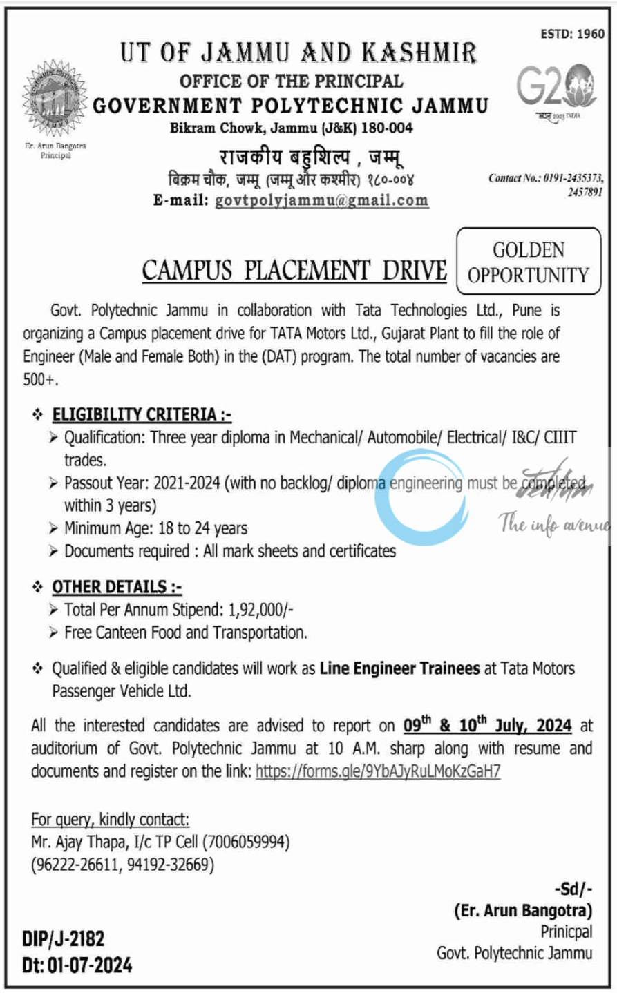 GOVERNMENT POLYTECHNIC JAMMU CAMPUS PLACEMENT DRIVE 2024