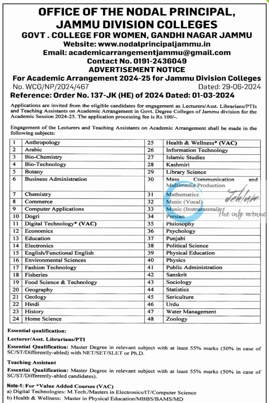 NODAL PRINCIPAL JAMMU DIVISION COLLEGES ACADEMIC ARRANGEMENT ADVERTISEMENT NOTICE 2024-25