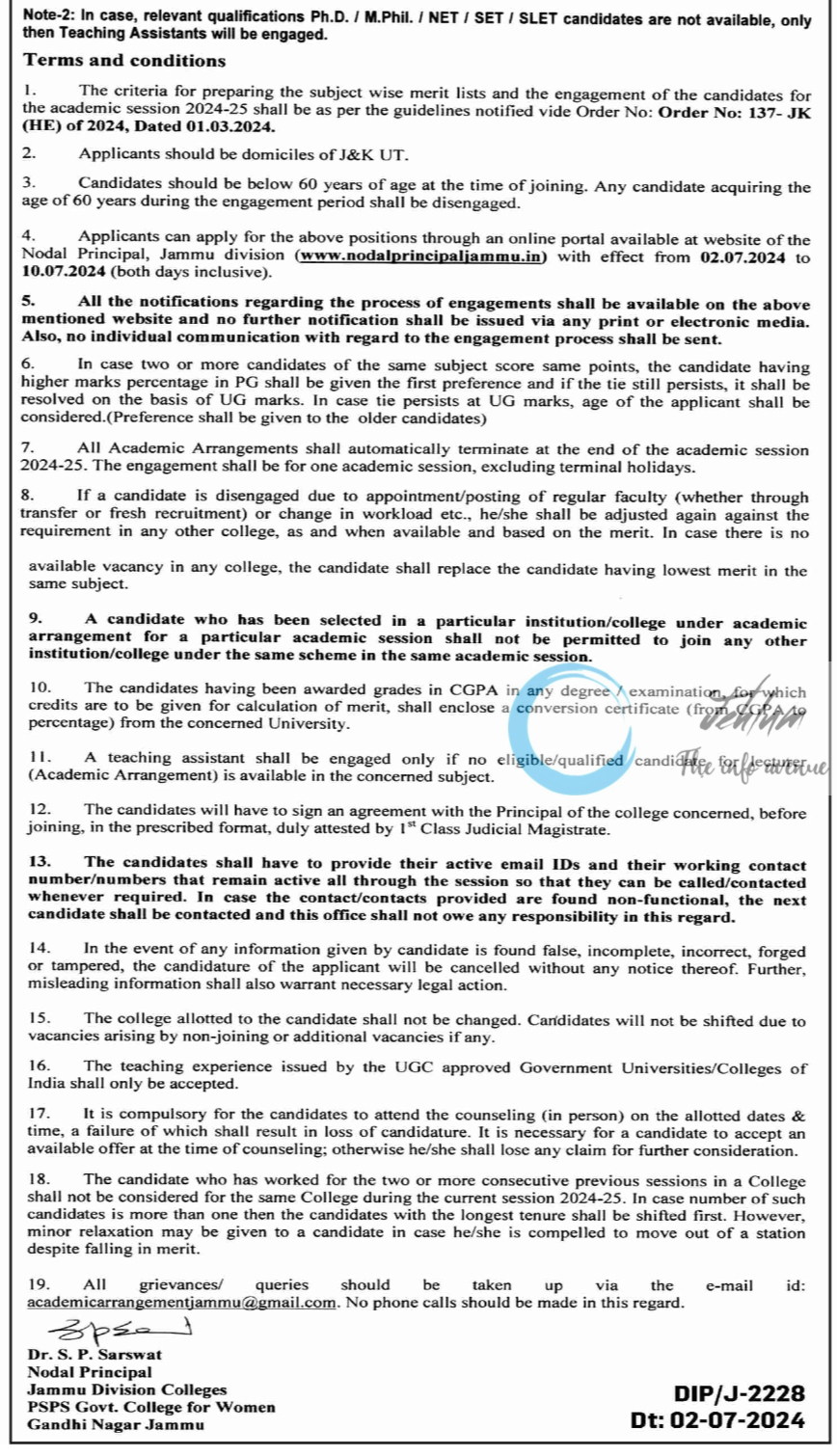 NODAL PRINCIPAL JAMMU DIVISION COLLEGES ACADEMIC ARRANGEMENT ADVERTISEMENT NOTICE 2024-25