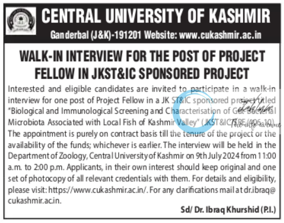 Central University of Kashmir Deptt of Zoology Project Fellow Walk-in Interview Notice 2024