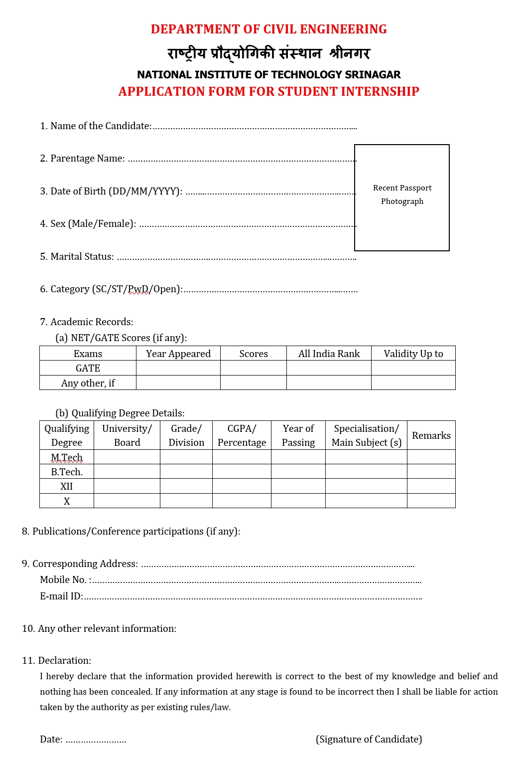 NIT SRINAGAR DEPTT OF CIVIL ENGINEERING INTERNSHIP NOTIFICATION 2024