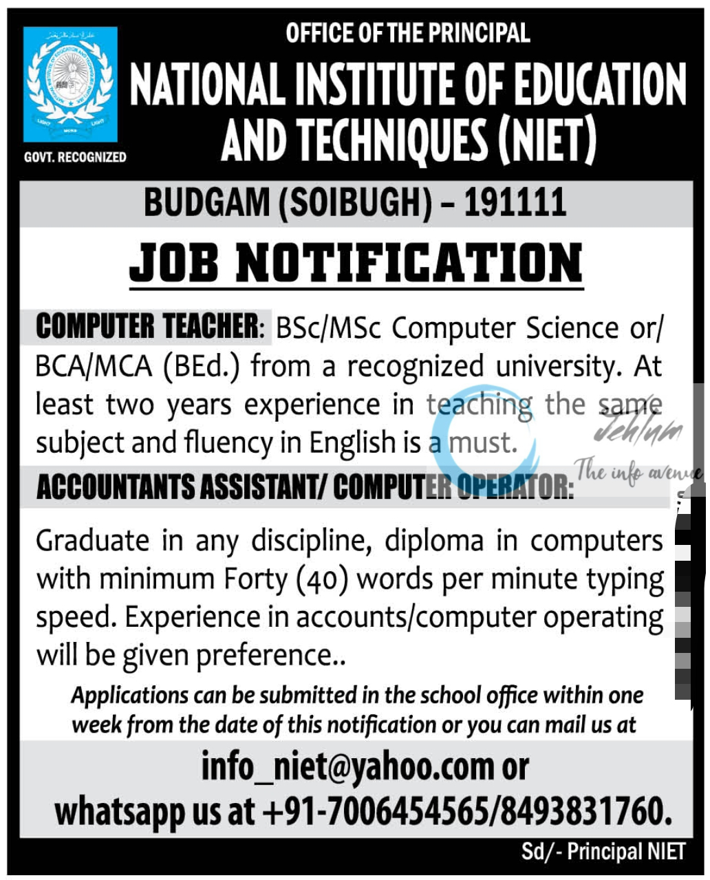 NATIONAL INSTITUTE OF EDUCATION AND TECHNIQUES NIET BUDGAM JOBS 2024