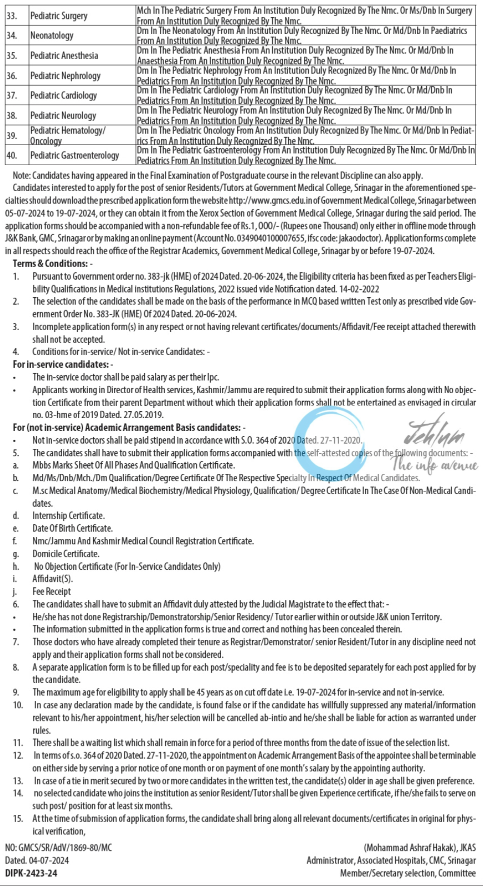 GMC SRINAGAR RECRUITMENT ADVERTISEMENT NOTICE NO 03 OF 2024