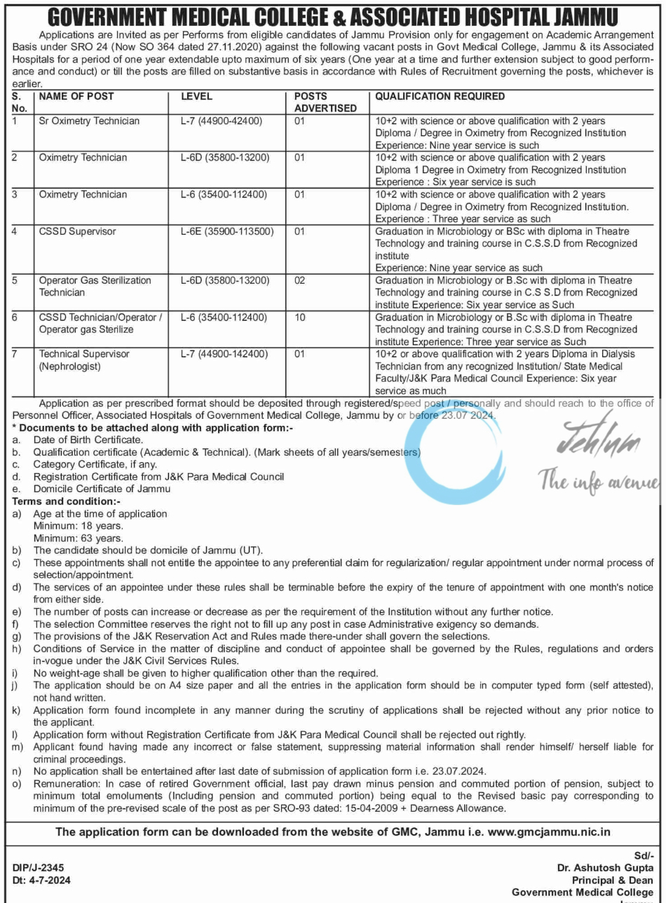 GOVT MEDICAL COLLEGE & ASSOCIATED HOSPITAL JAMMU ACADEMIC ARRANGEMENT ADVERTISEMENT NOTICE 2024