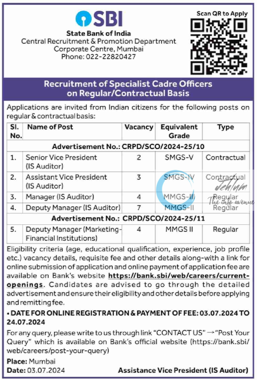 SBI Recruitment of Specialist Cadre Officers 2024