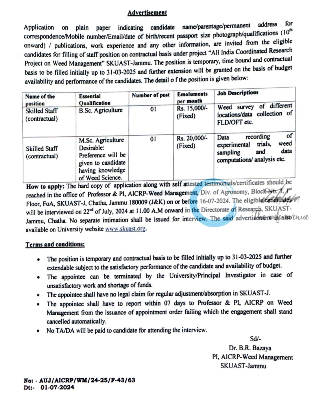 SKUAST-Jammu Div of Agronomy Skilled Staff Recruitment Notification 2024