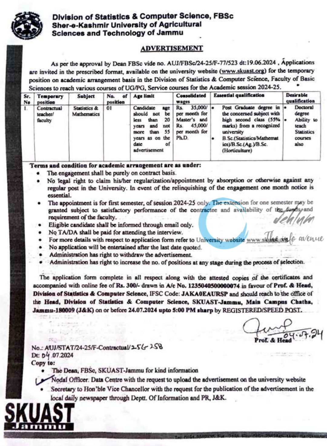 SKUAST Jammu Division of Statistics & Computer Science Academic Arrangement Notice 2024