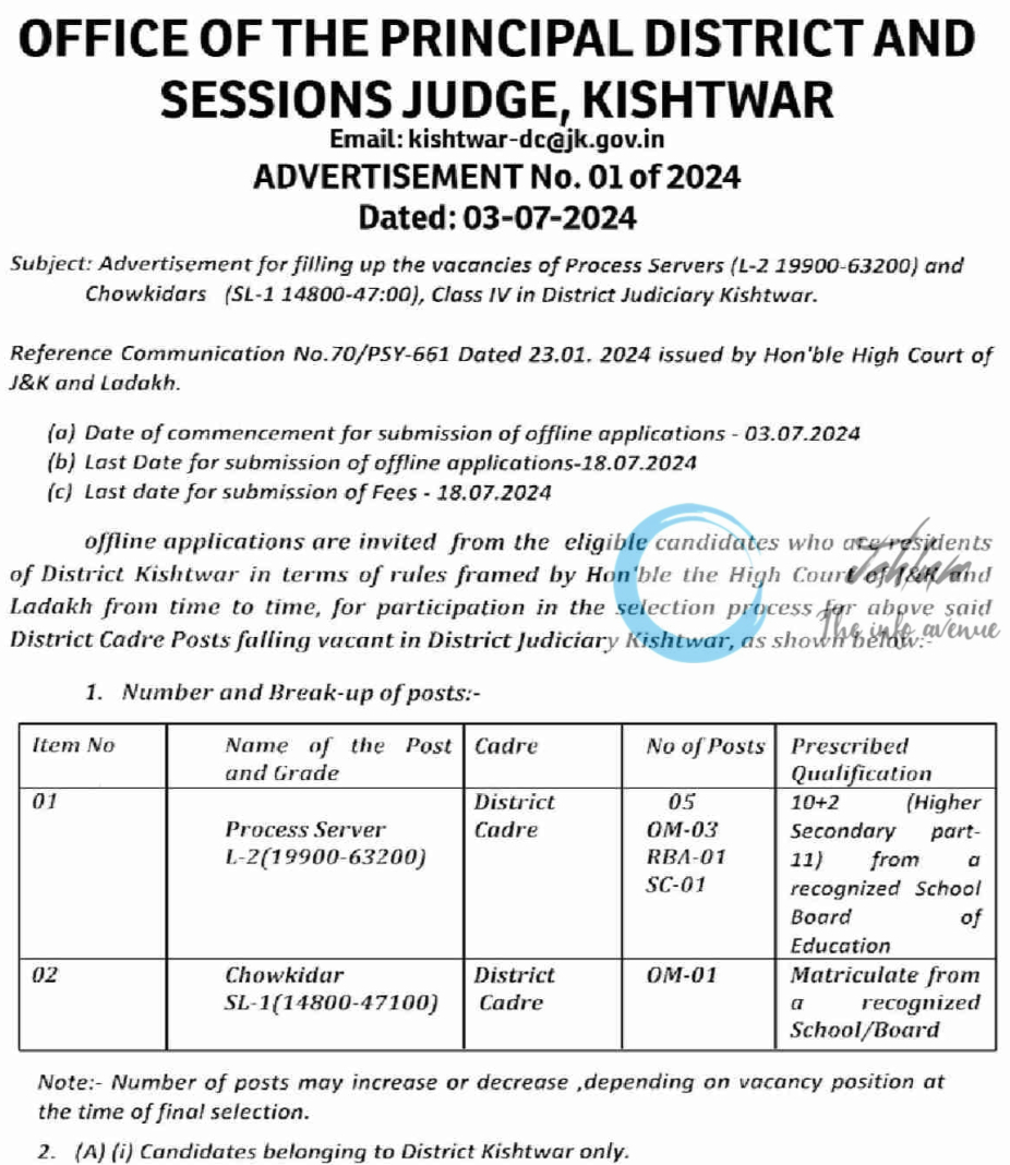 DISTRICT AND SESSIONS JUDGE KISHTWAR ADVERTISEMENT NO 01 OF 2024