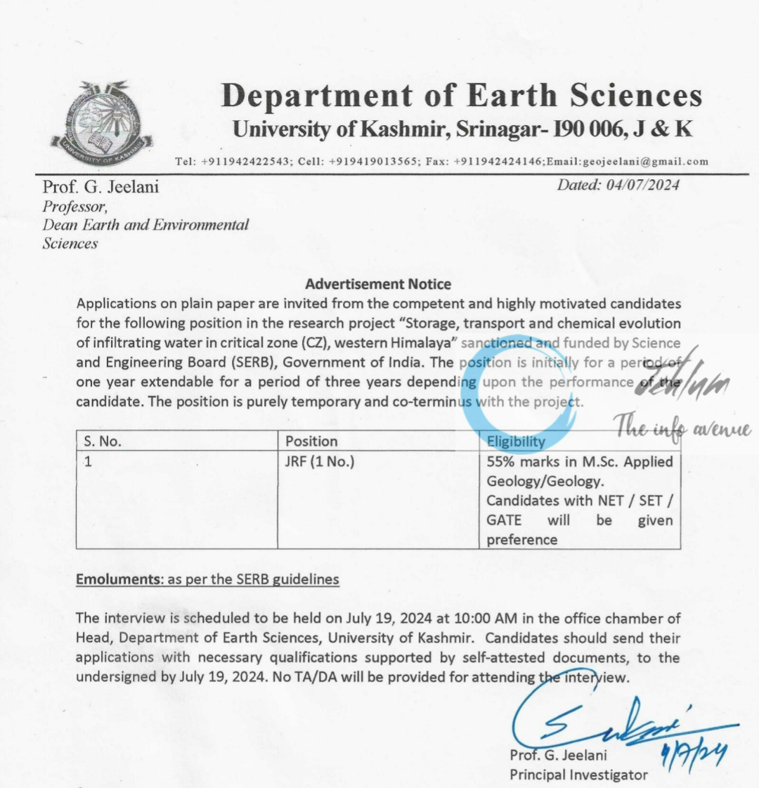 University of Kashmir Deptt of Earth Sciences JRF Advertisement Notice 2024