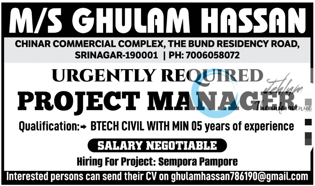 M/S GHULAM HASSAN SRINAGAR HIRING PROJECT MANAGER 2024