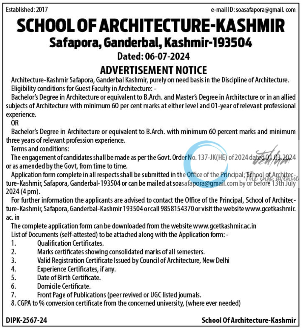 SCHOOL OF ARCHITECTURE-KASHMIR GUEST FACULTY ADVERTISEMENT NOTICE 2024