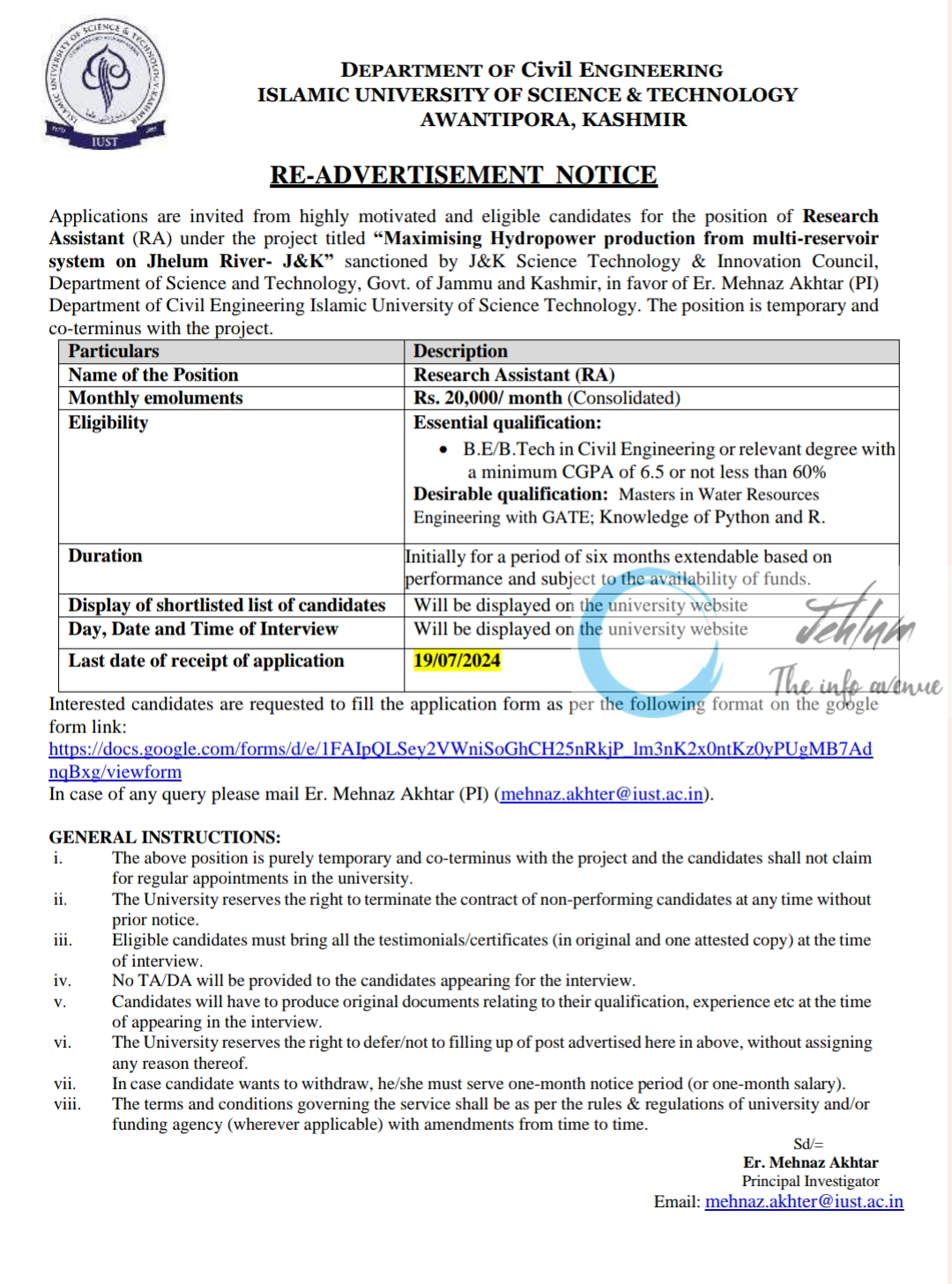 IUST AWANTIPORA DEPTT OF CIVIL ENGINEERING RE-ADVERTISEMENT NOTICE 2024