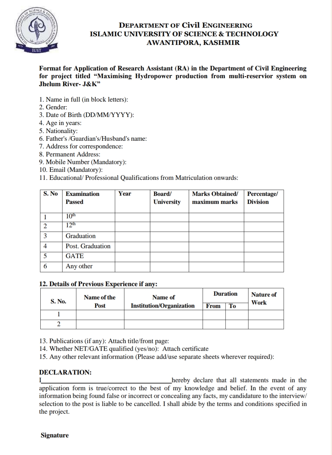 IUST AWANTIPORA DEPTT OF CIVIL ENGINEERING RE-ADVERTISEMENT NOTICE 2024