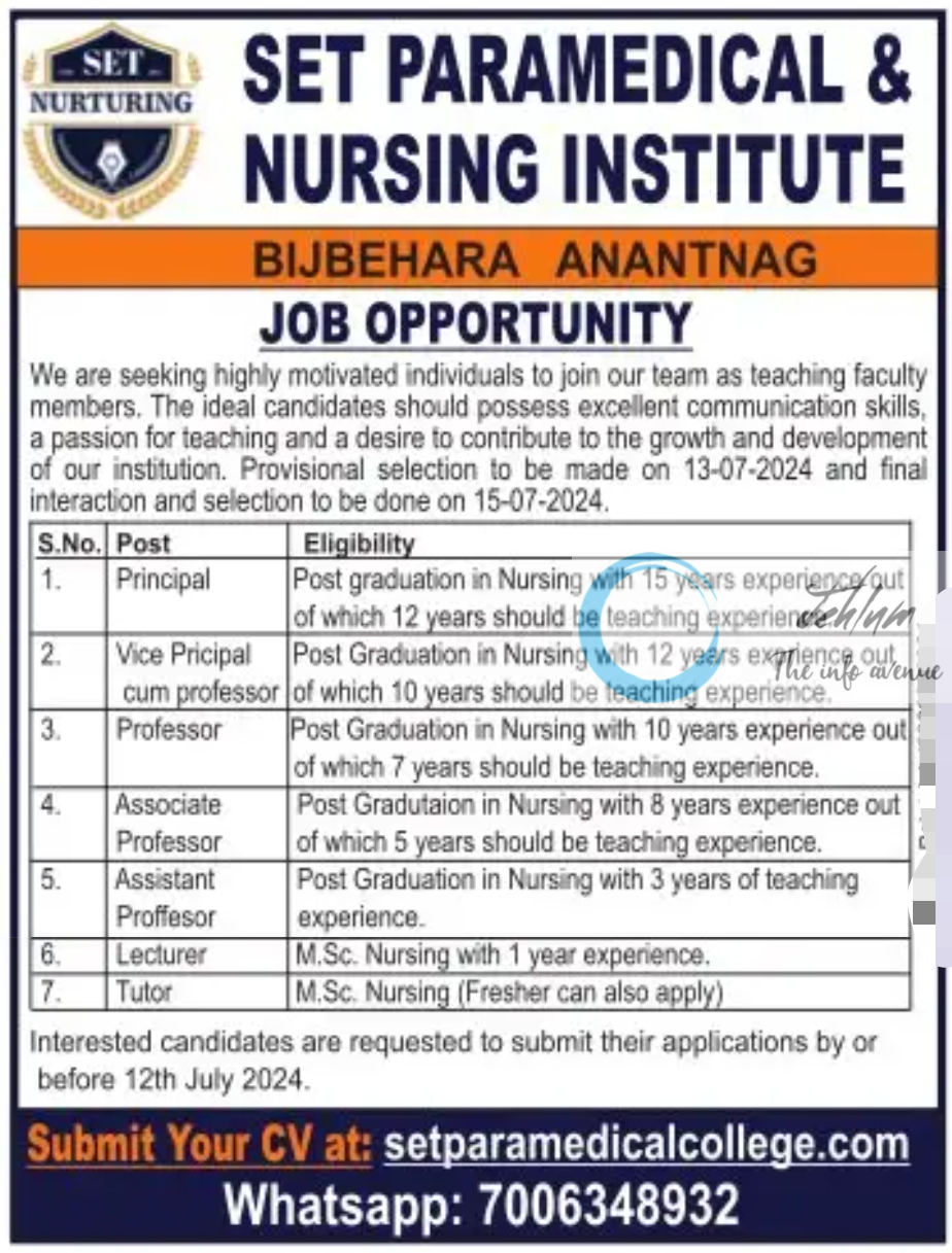 SET PARAMEDICAL & NURSING INSTITUTE ANANTNAG JOB OPPORTUNITY 2024