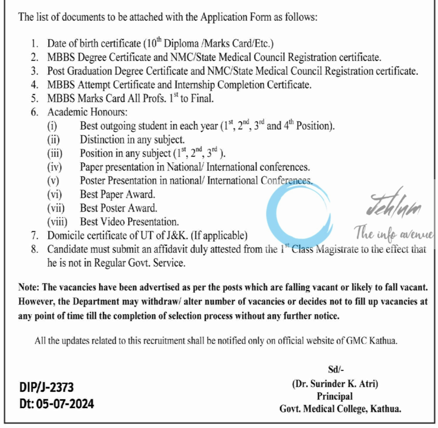 GMC KATHUA ADVERTISEMENT NOTICE NO 18 OF GMCK 2024