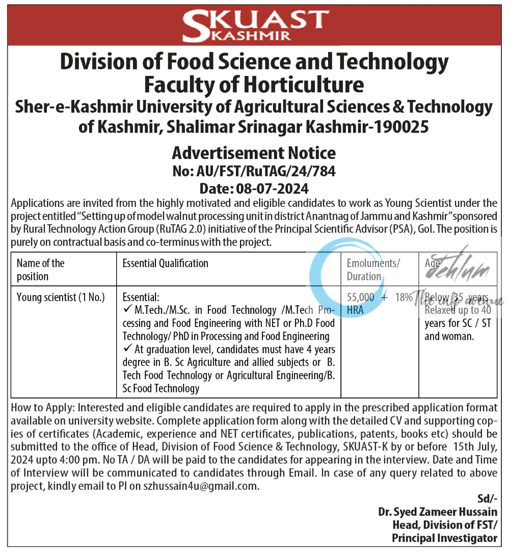 SKUAST KASHMIR Division of Food Science and Technology Young Scientist Advertisement Notice 2024