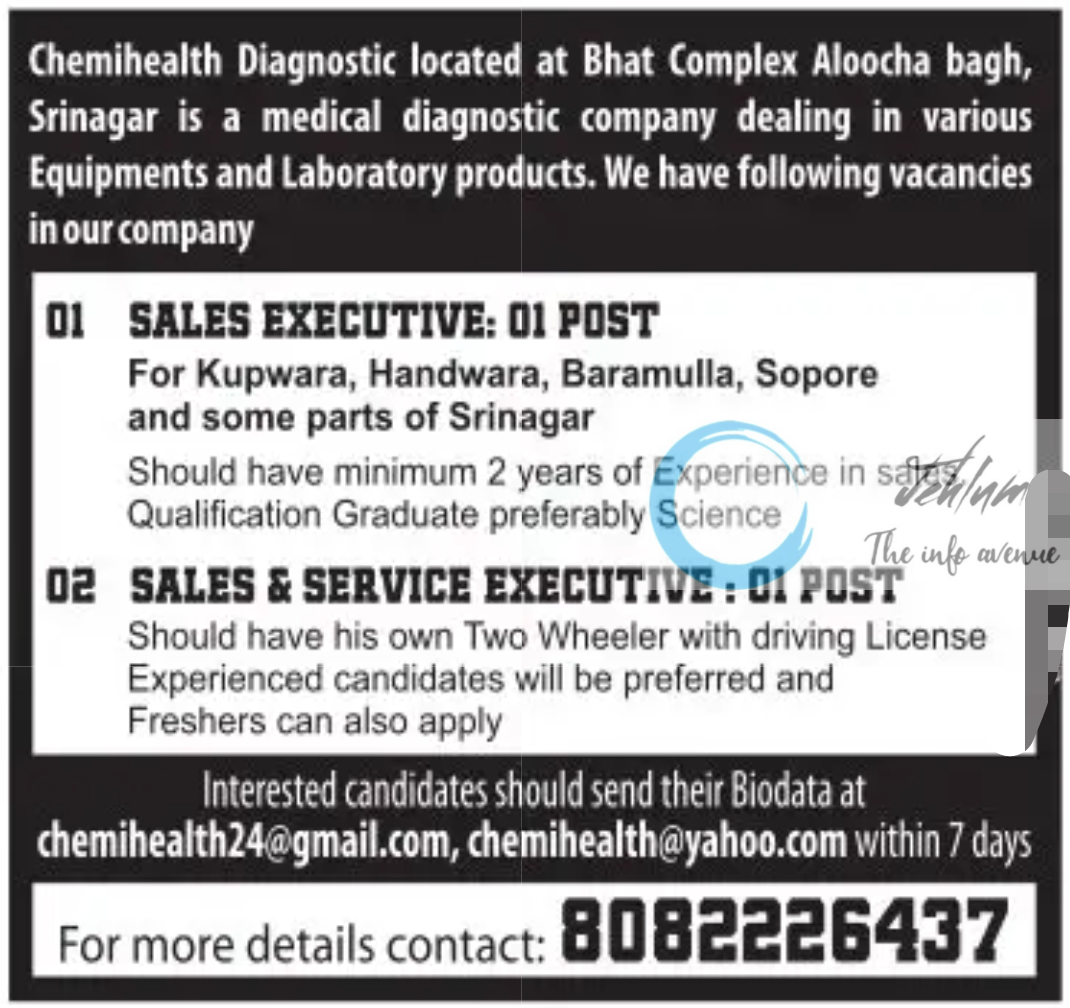 Chemihealth Diagnostic Srinagar Jobs Vacancy 2024