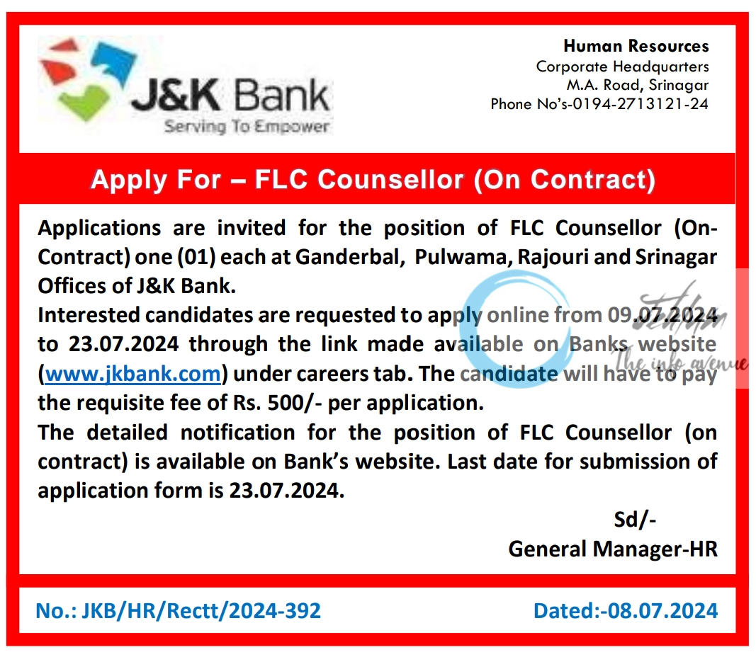 J&K Bank FLC Counsellor Recruitment Notification 2024