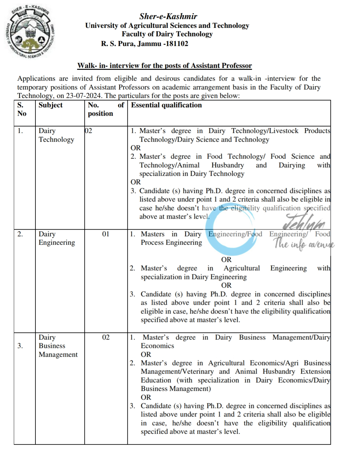 SKUAST Jammu Faculty of Dairy Technology Assistant Professor Walk-in Interview Notice 2024