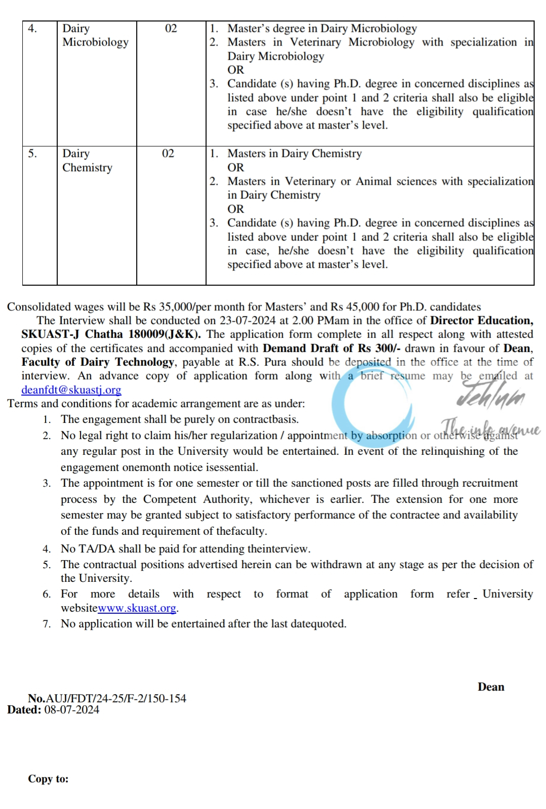 SKUAST Jammu Faculty of Dairy Technology Assistant Professor Walk-in Interview Notice 2024