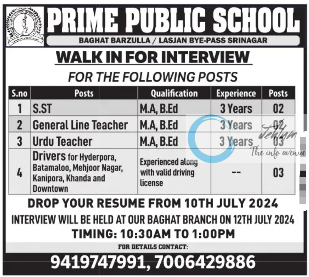 PRIME PUBLIC SCHOOL SRINAGAR JOBS 2024