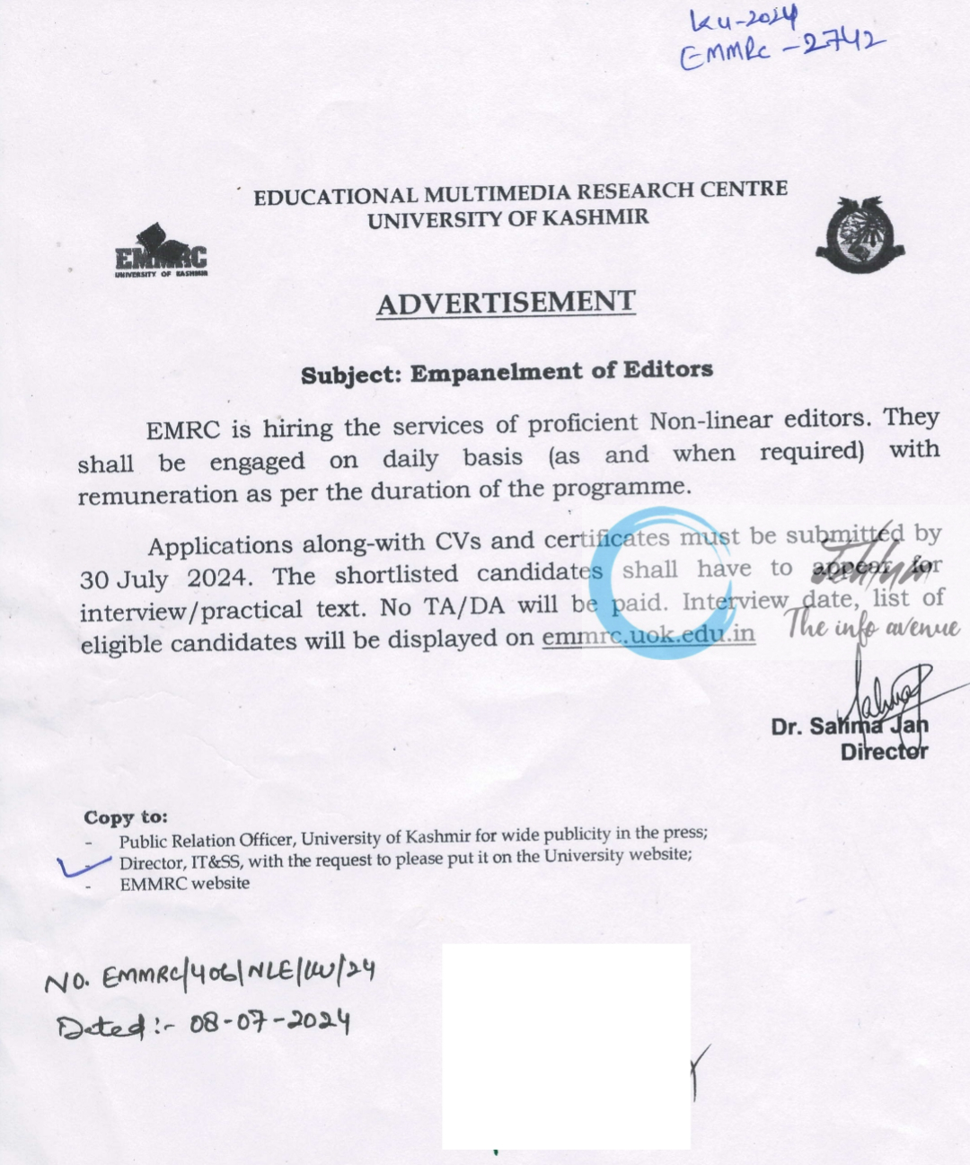 UNIVERSITY OF KASHMIR EDUCATIONAL MULTIMEDIA RESEARCH CENTRE ADVERTISEMENT NOTICE 2024