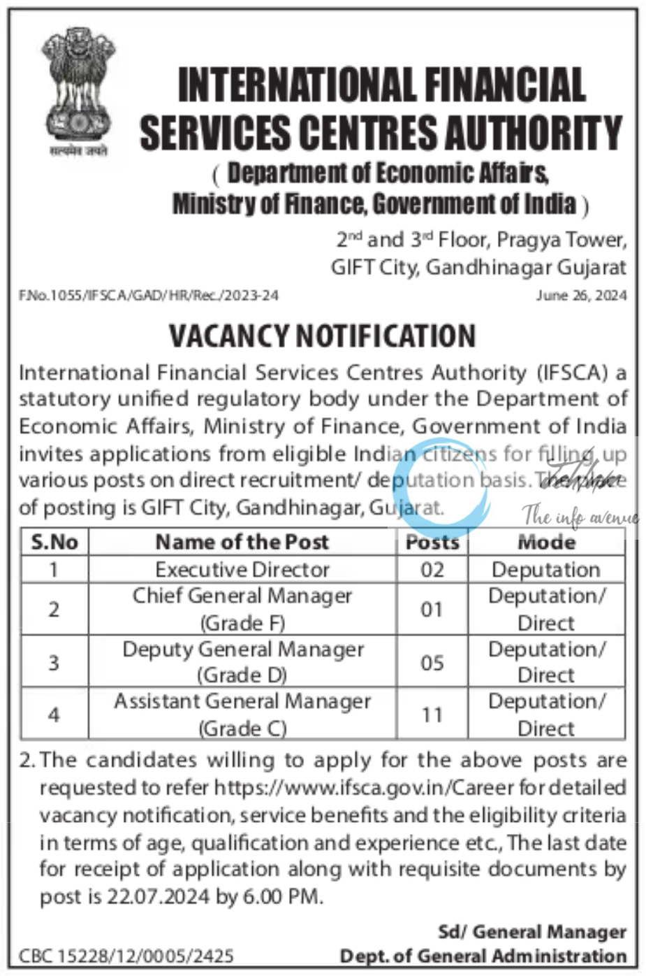 INTERNATIONAL FINANCIAL SERVICES CENTRES AUTHORITY IFSCA VACANCY NOTIFICATION 2024