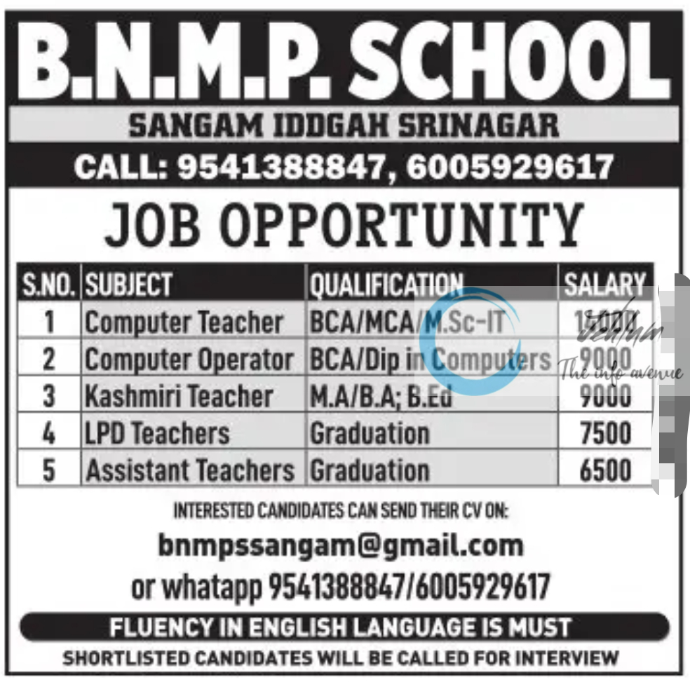 B.N.M.P. SCHOOL SRINAGAR JOBS 2024