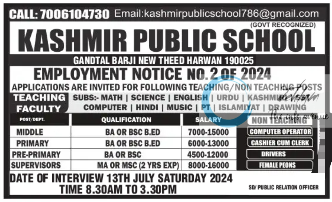 KASHMIR PUBLIC SCHOOL SRINAGAR JOBS 2024