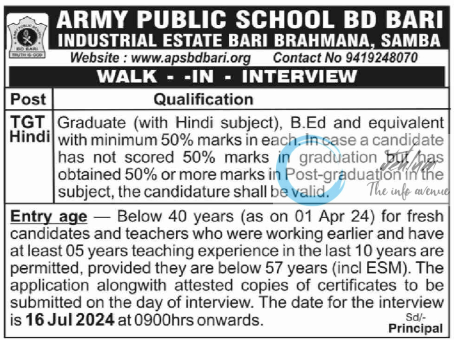 ARMY PUBLIC SCHOOL APS BD BARI WALK-IN-INTERVIEW 2024