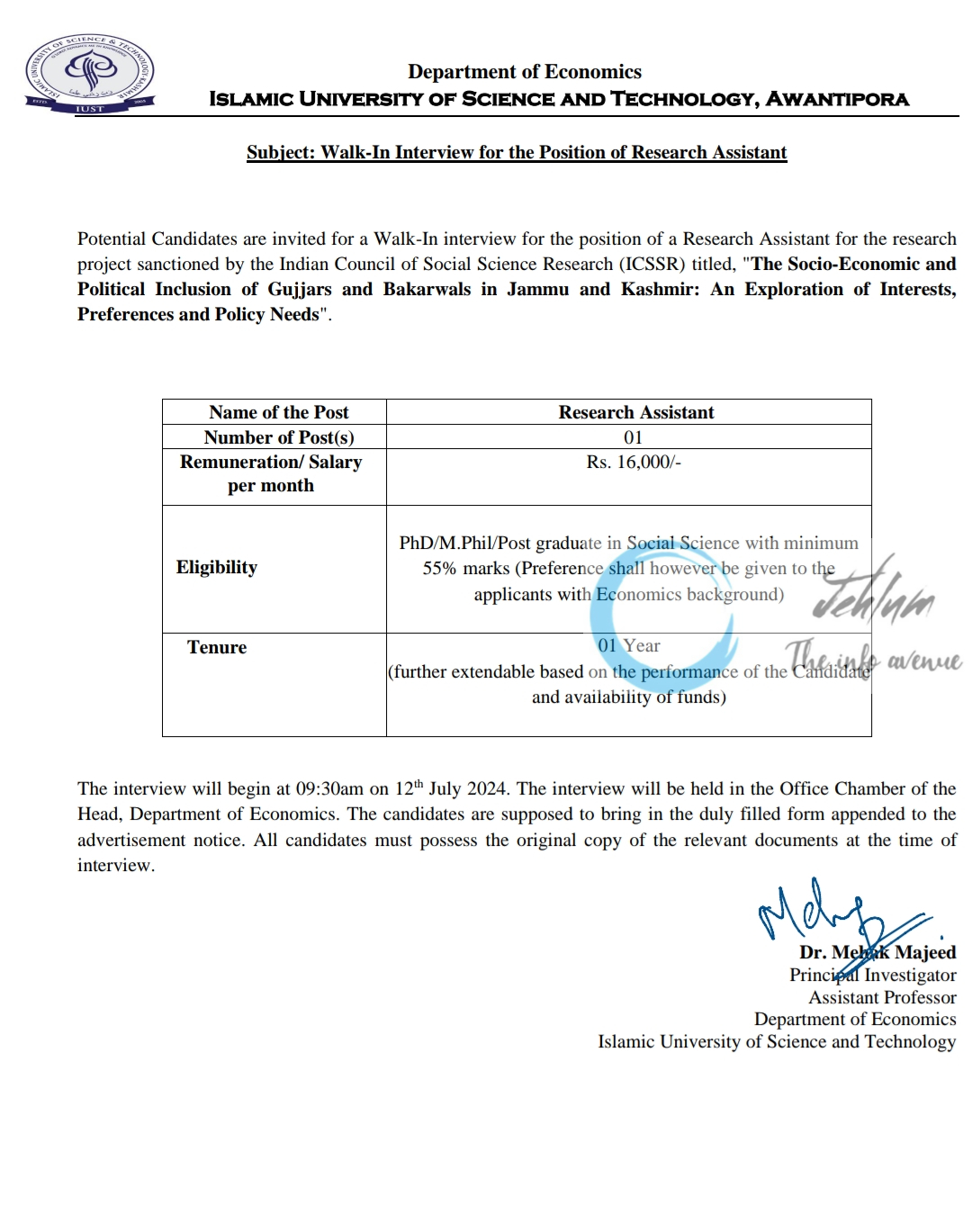 IUST AWANTIPORA Deptt of Economics Research Assistant Walk-In Interview 2024