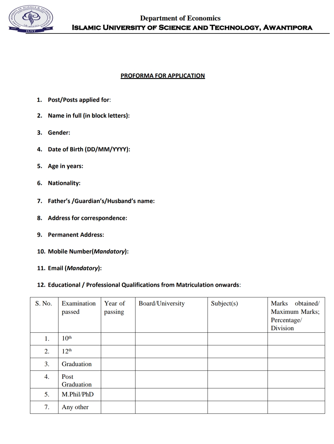 IUST AWANTIPORA Deptt of Economics Research Assistant Walk-In Interview 2024