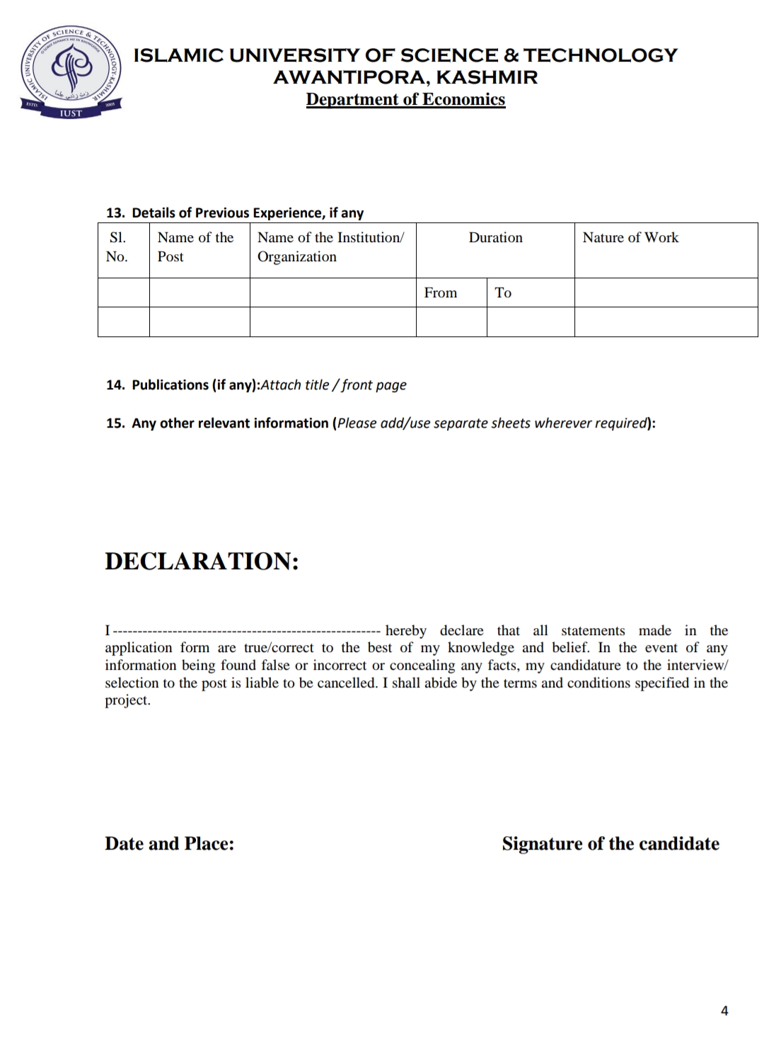 IUST AWANTIPORA Deptt of Economics Research Assistant Walk-In Interview 2024