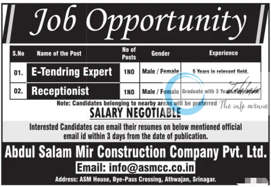 Abdul Salam Mir Construction Company Srinagar Jobs Opportunity 2024