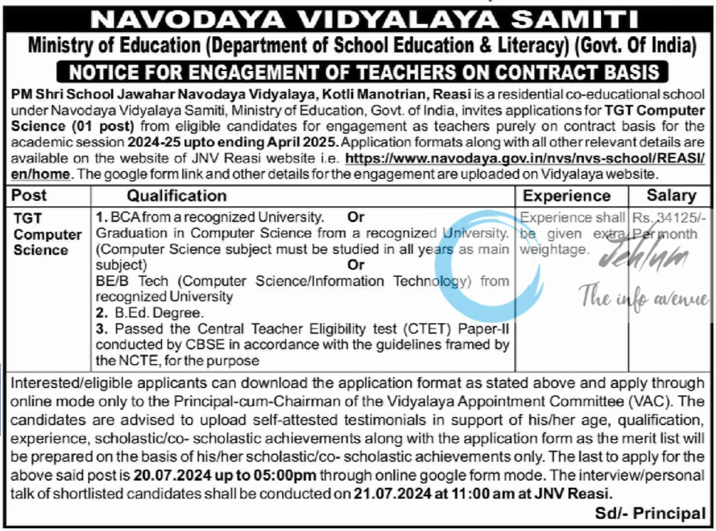 NAVODAYA VIDYALAYA SAMITI JNV Reasi Teaching Jobs 2024