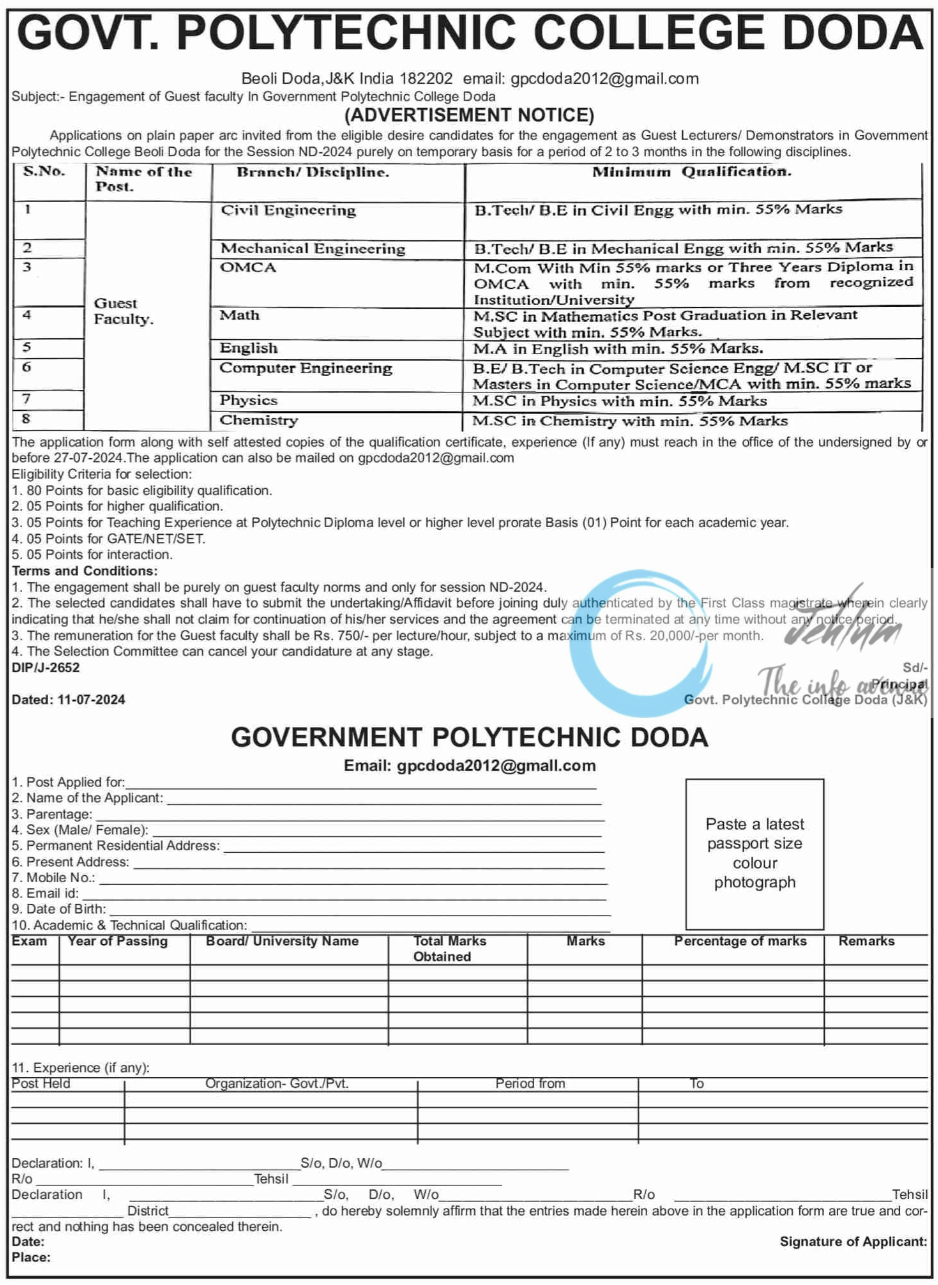 GOVT POLYTECHNIC COLLEGE DODA GUEST FACULTY RECRUITMENT ADVERTISEMENT 2024