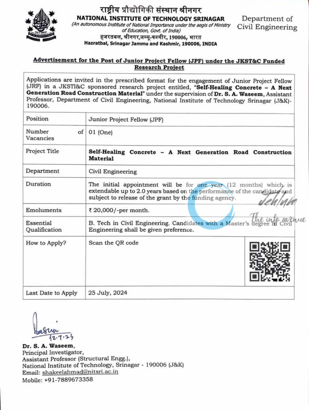 NIT SRINAGAR Deptt of Civil Engineering Junior Project Fellow JPF Notification 2024