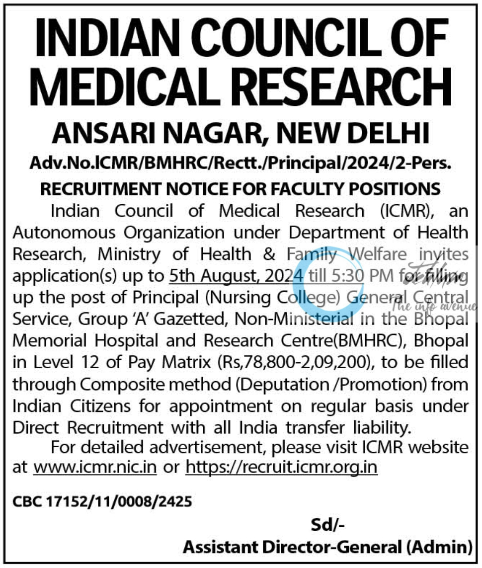 ICMR RECRUITMENT NOTICE FOR FACULTY POSITIONS 2024