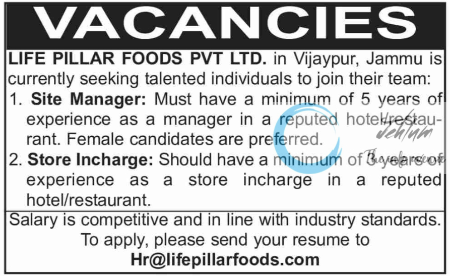 LIFE PILLAR FOODS PVT LTD JAMMU JOBS 2024