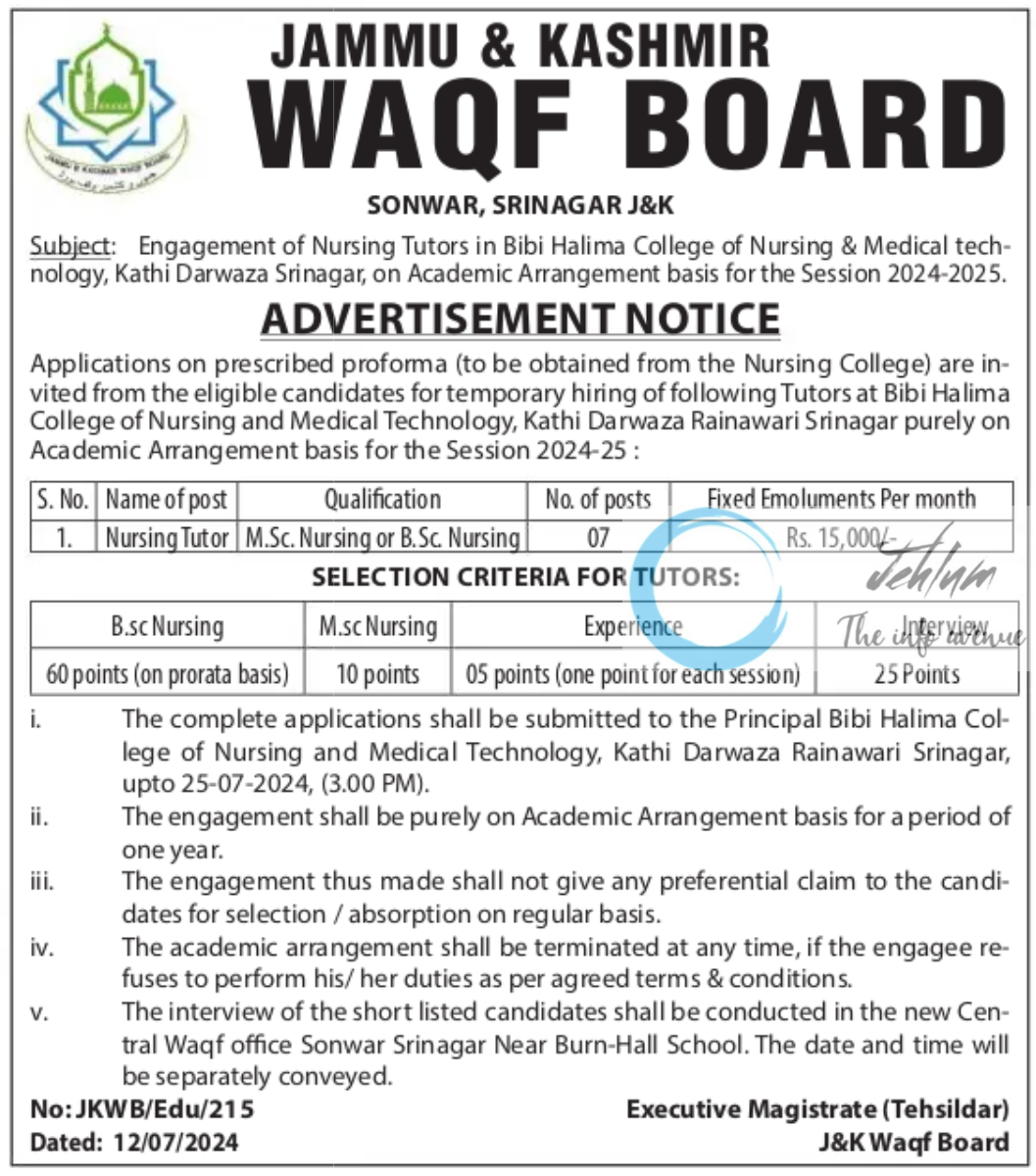 WAQF BOARD BIBI HALIMA COLLEGE Of NURSING SRINAGAR ADVERTISEMENT NOTICE 2024