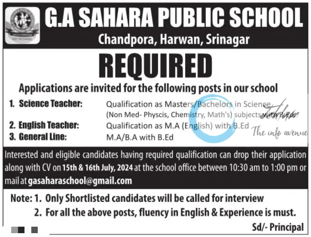 G A SAHARA PUBLIC SCHOOL SRINAGAR JOBS 2024