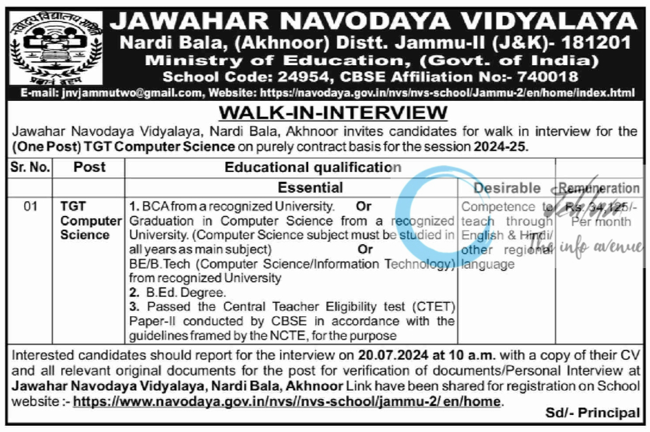 JAWAHAR NAVODAYA VIDYALAYA JNV JAMMU-II WALK-IN-INTERVIEW NOTIFICATION 2024