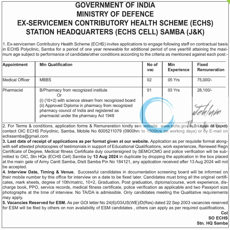 EX-SERVICEMEN CONTRIBUTORY HEALTH SCHEME STATION HEADQUARTERS ECHS CELL SAMBA JOBS ADVERTISEMENT 2024