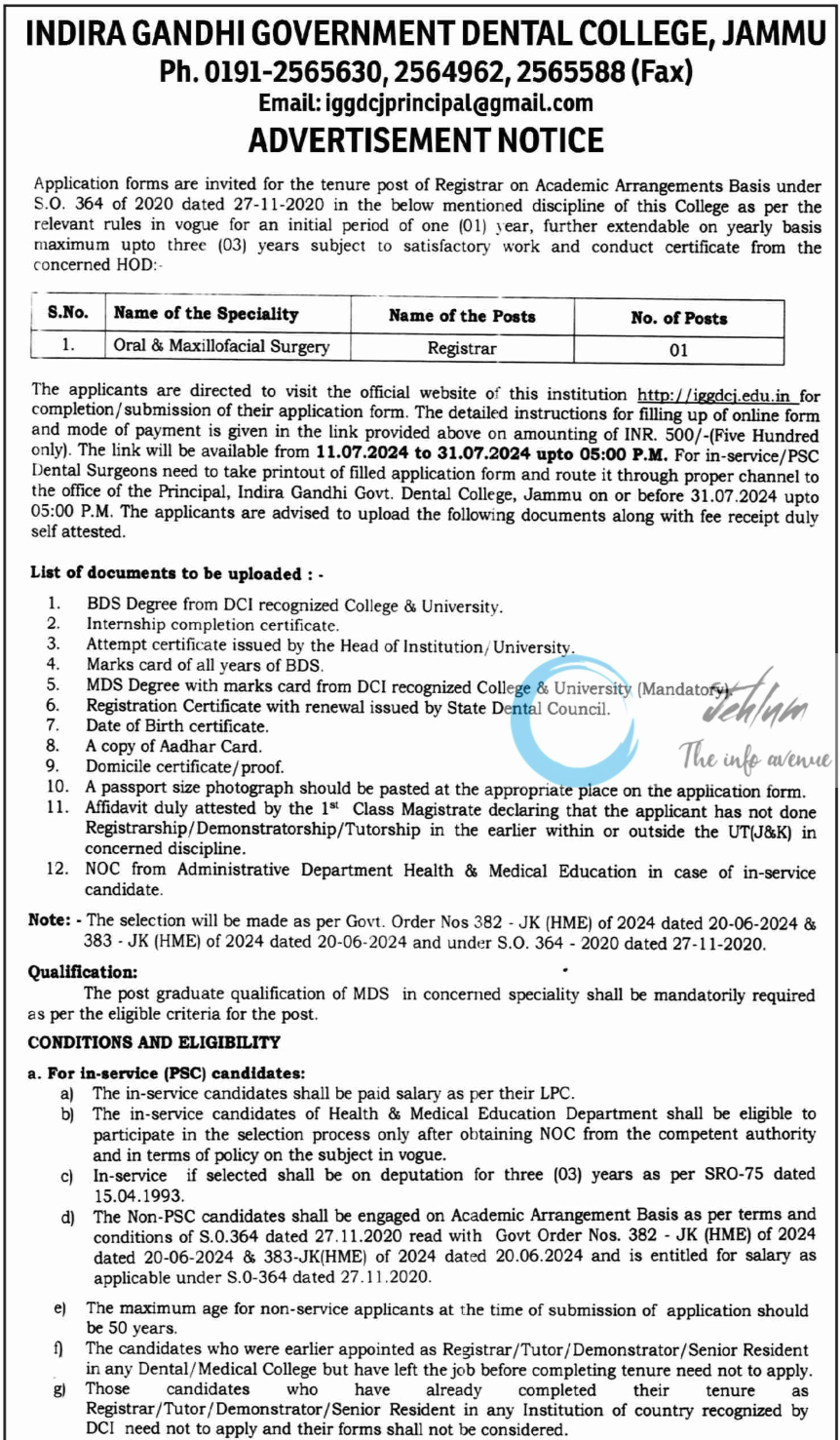 INDIRA GANDHI GOVT DENTAL COLLEGE JAMMU ACADEMIC ARRANGEMENTS ADVERTISEMENT NOTICE 2024