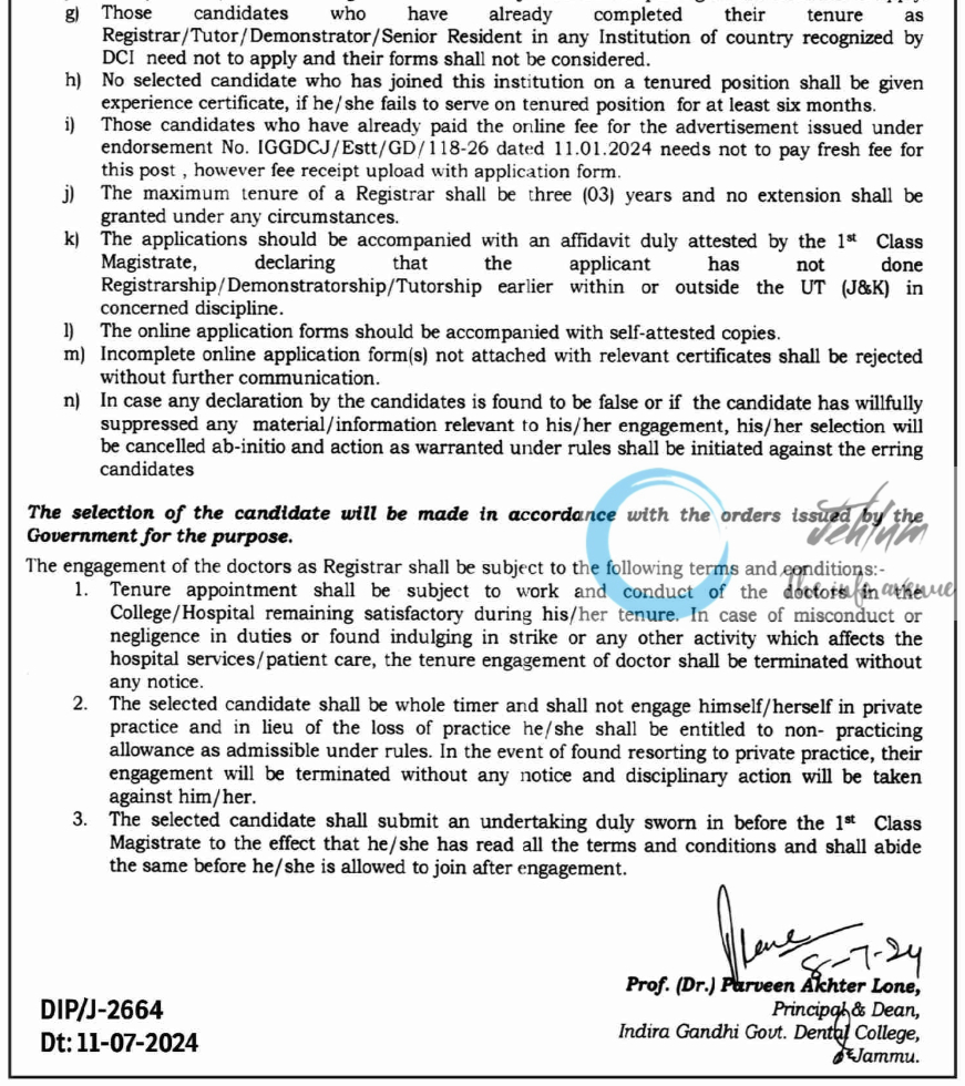 INDIRA GANDHI GOVT DENTAL COLLEGE JAMMU ACADEMIC ARRANGEMENTS ADVERTISEMENT NOTICE 2024